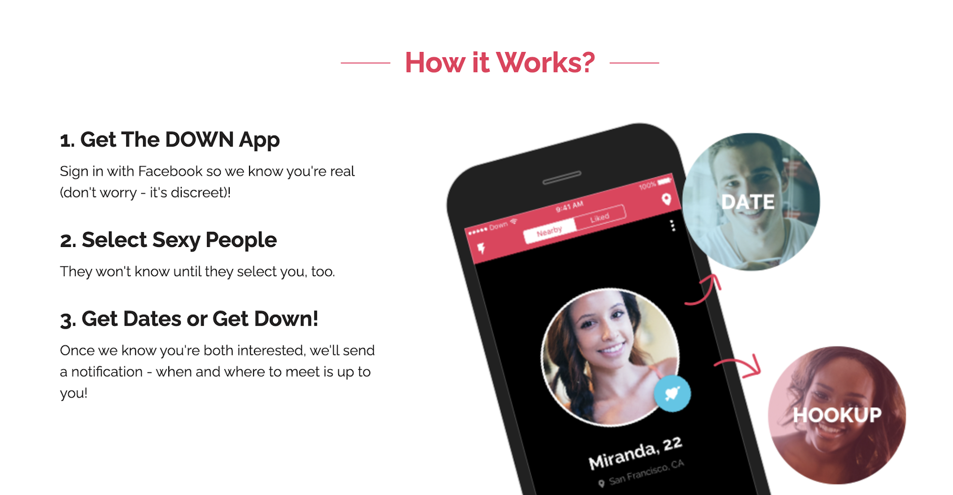 Screenshot of DOWN dating instructions. Shows phone swiping up on a profile they want to date and down on a profile they want to hookup with