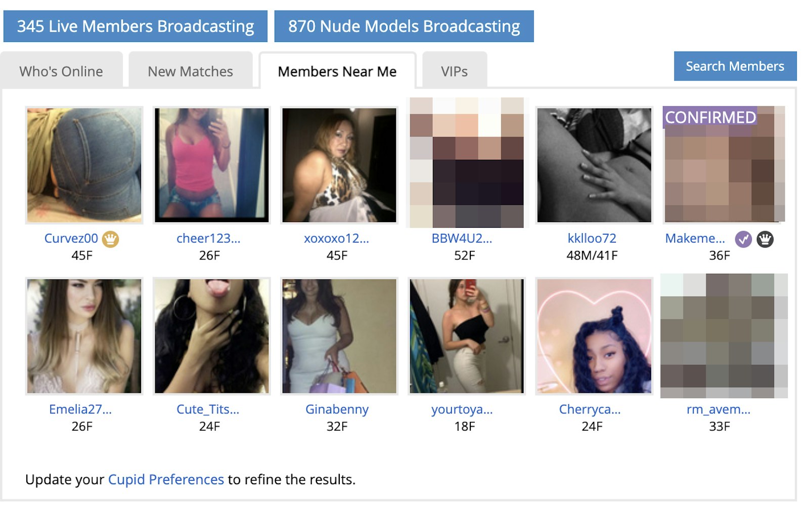 Screenshot of AdultFriendFinder's homepage featuring people online near me.