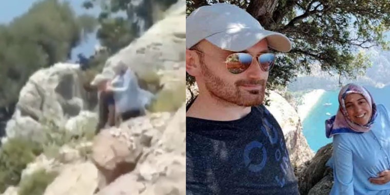 tourist video showing man and woman walking down cliff and selfie of man and woman on cliff