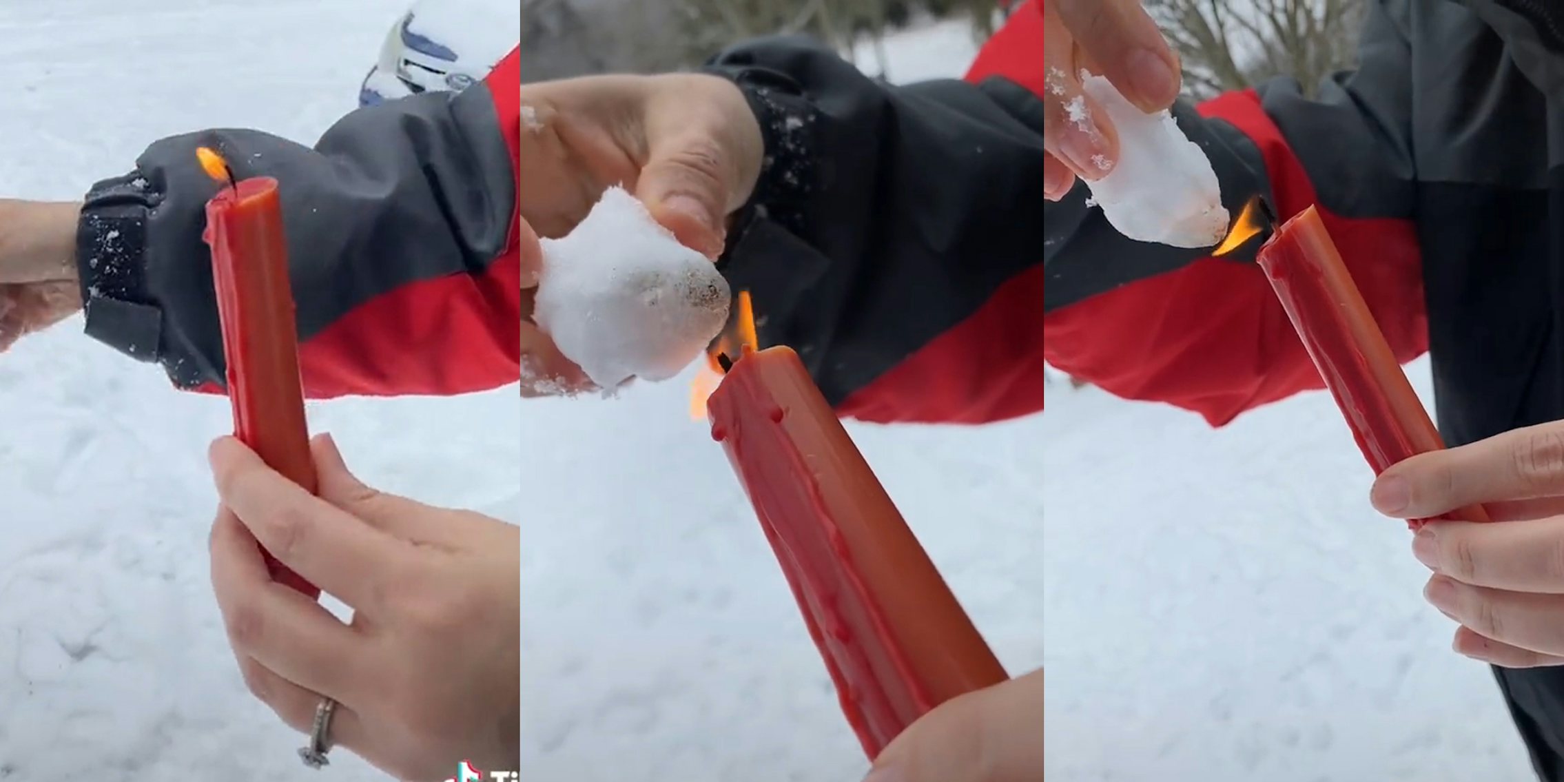 woman trying to melt a snowball with a candle