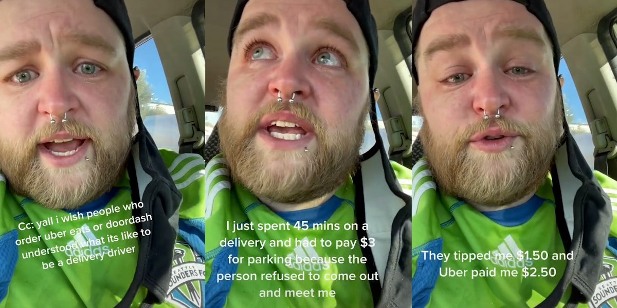 man in car in tears explaining uber pay and customer tips