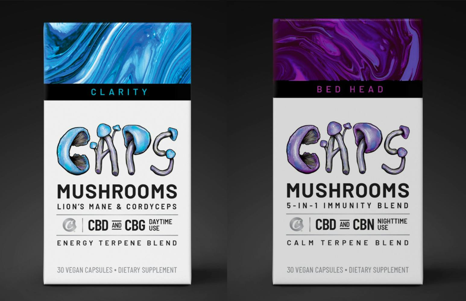Clarity Caps and Bed Head Caps packaging look similar to cigarette boxes and use mushroom illustrations as font.