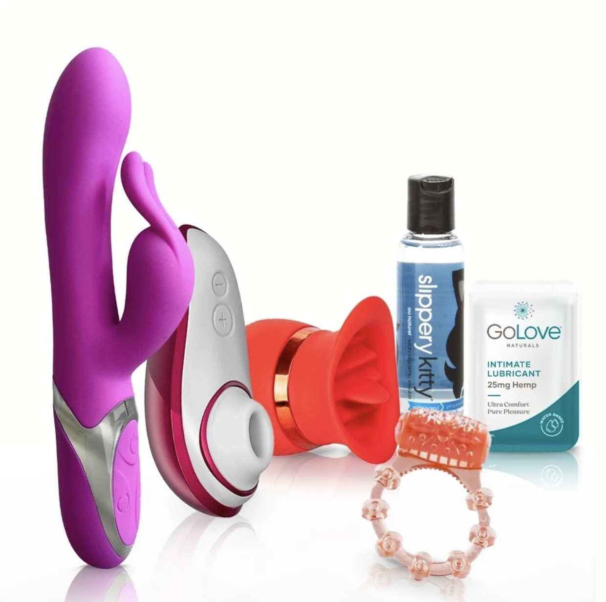 Tickle kitty shot of love gift set featuring four vibrating sex toys and two lubes.