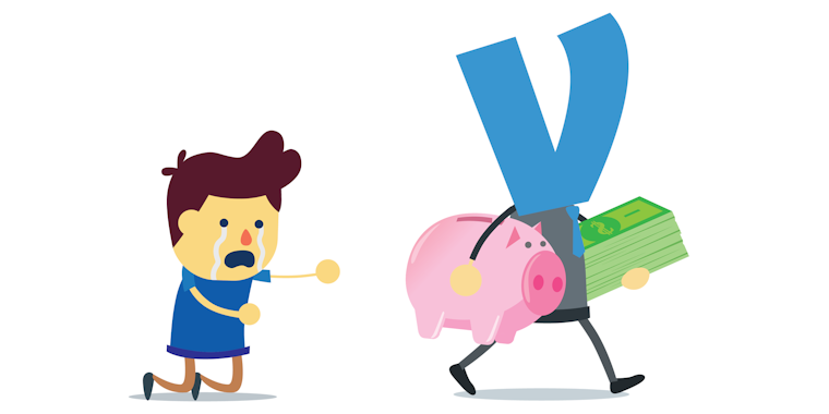 crying man on knees, reaching out toward man in suit with Venmo logo for a head, who is walking away with a piggy bank and stack of bills