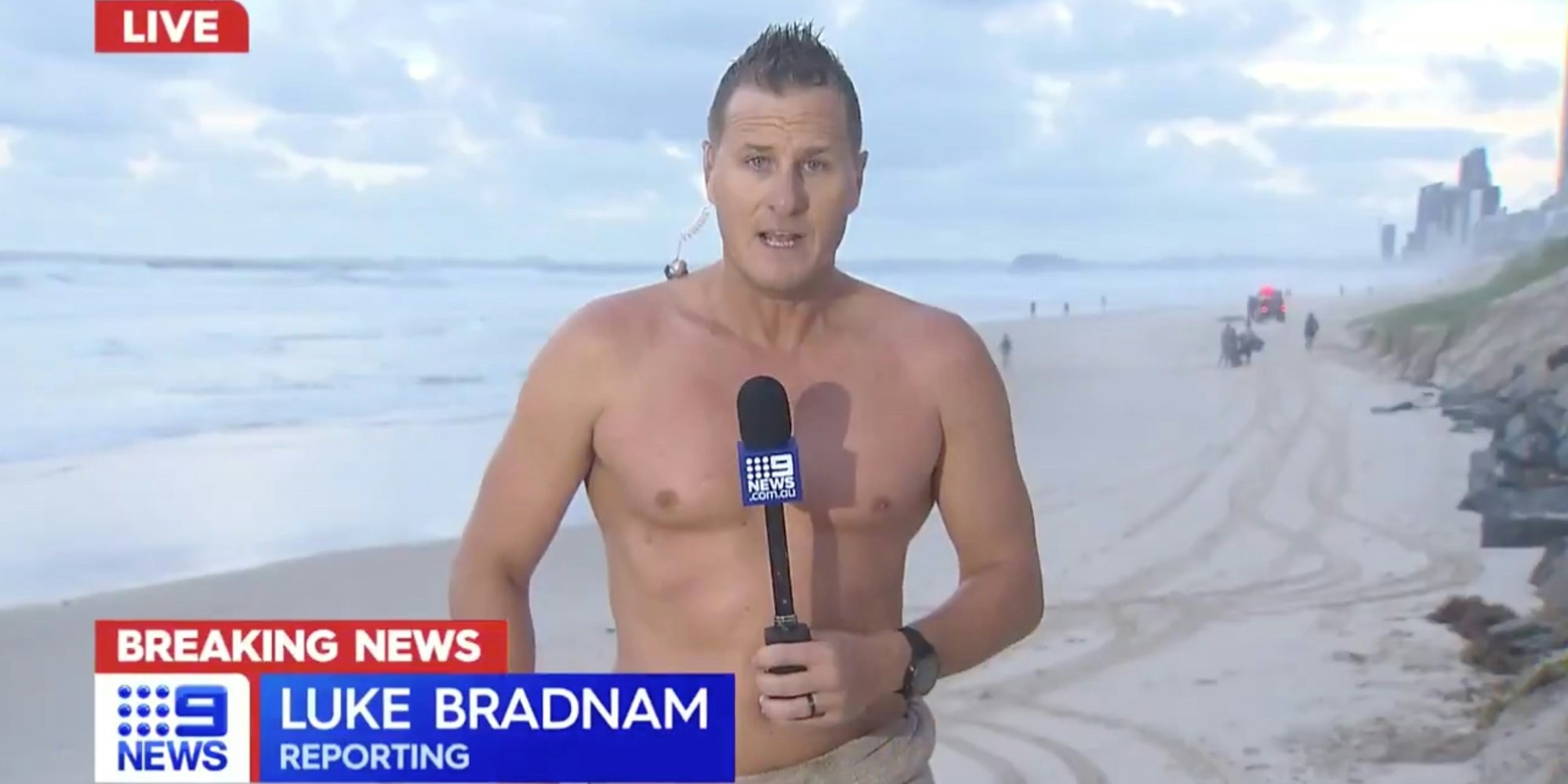 weatherman luke bradnam during live report