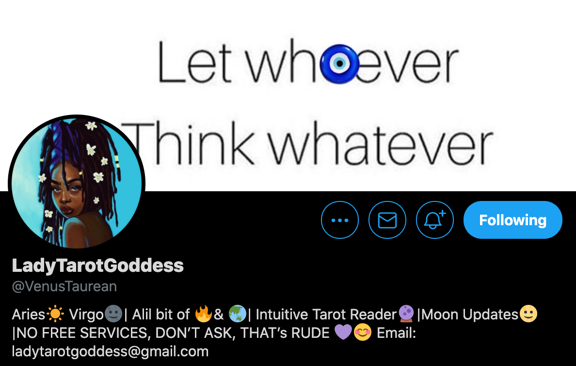 Screenshot of ladytarotgoddess' twitter page