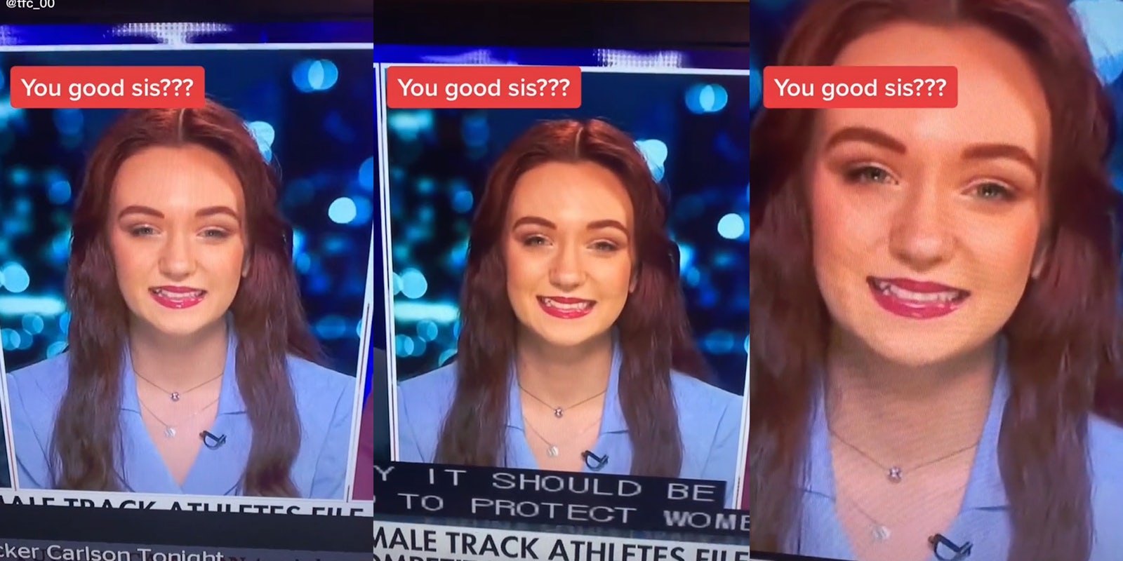 'you good sis???' caption over young woman awkwardly smiling during tucker carlson interview
