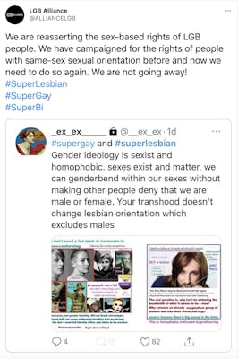 "We are reasserting the sex-based rights of LGB people. We have campaigned for the rights of people with same-sex sexual orientation before and now we need to do so again. We are not going away! #SuperLesbian #SuperGay #SuperBi" embedded screenshot saying "Gender ideology is sexist and homophobic. Sexes exist and matter. We can  gender bend our sexes without making other people deny that we are male or female. Your trans hood doesn't change lesbian orientation which excludes males"