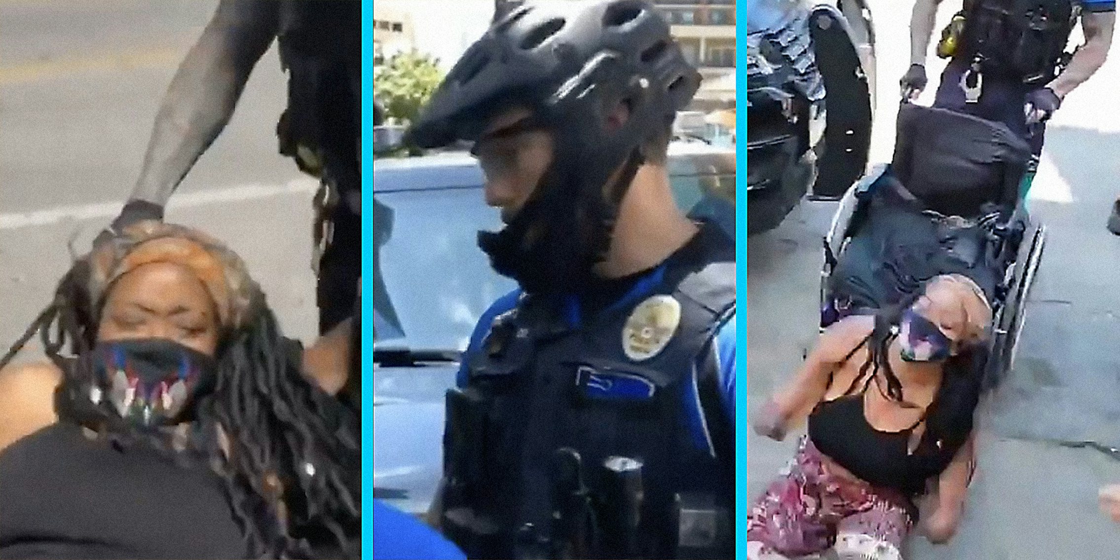 A woman in pain (L), an Austin police officer (C), and the woman being thrown from her wheelchair by the police officer (R).