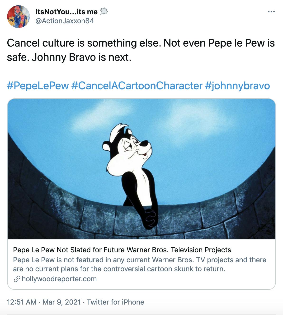 Cancel culture is something else. Not even Pepe le Pew is safe. Johnny Bravo is next. #PepeLePew #CancelACartoonCharacter #johnnybravo