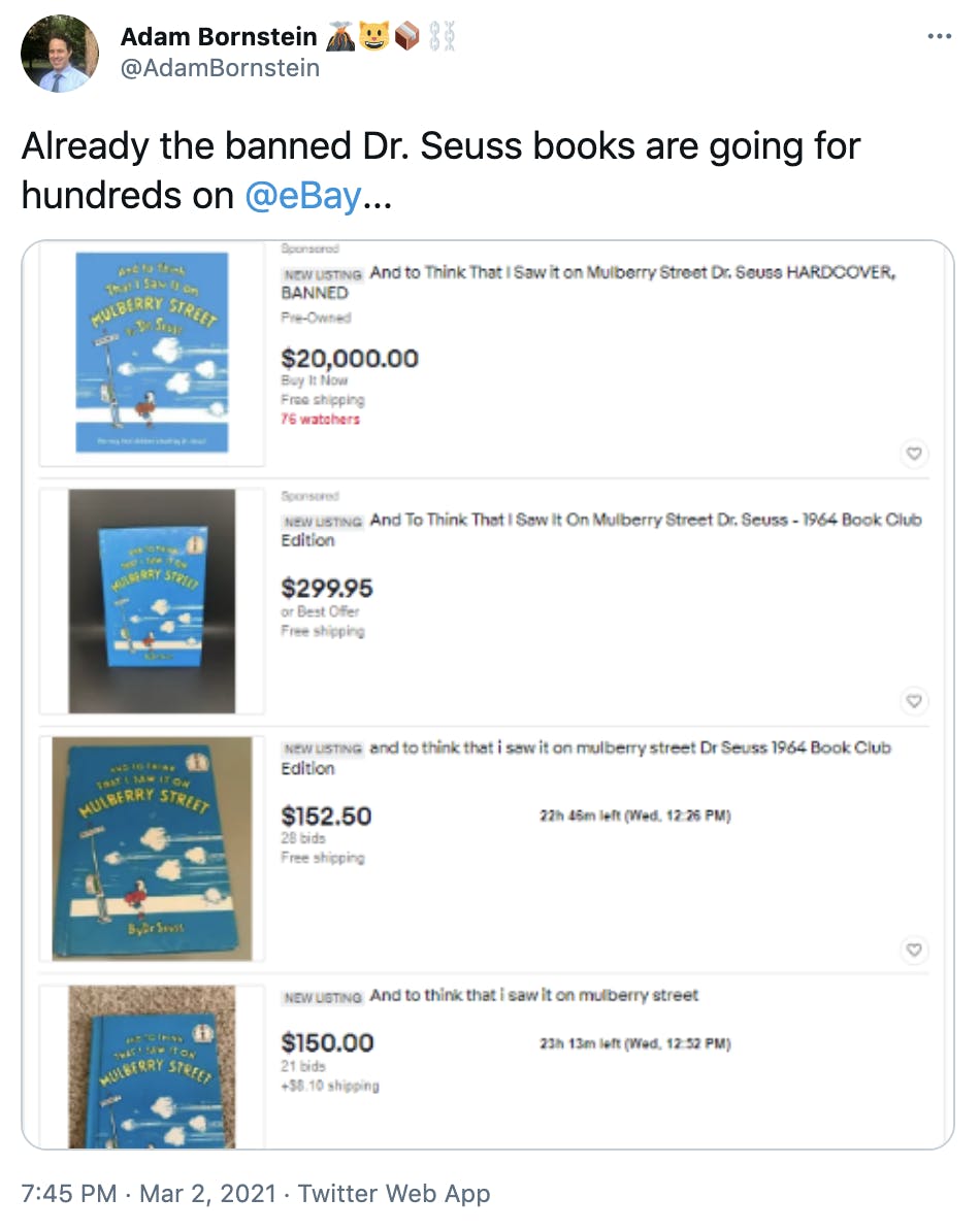 'Already the banned Dr. Seuss books are going for hundreds on @eBay ...' screenshots of the book listed for $152.50 to $20000
