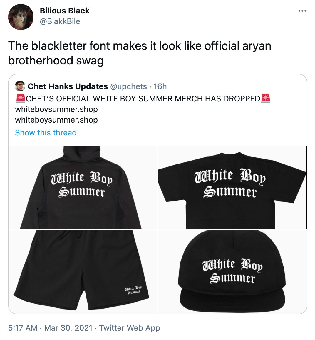 The blackletter font makes it look like official aryan brotherhood swag