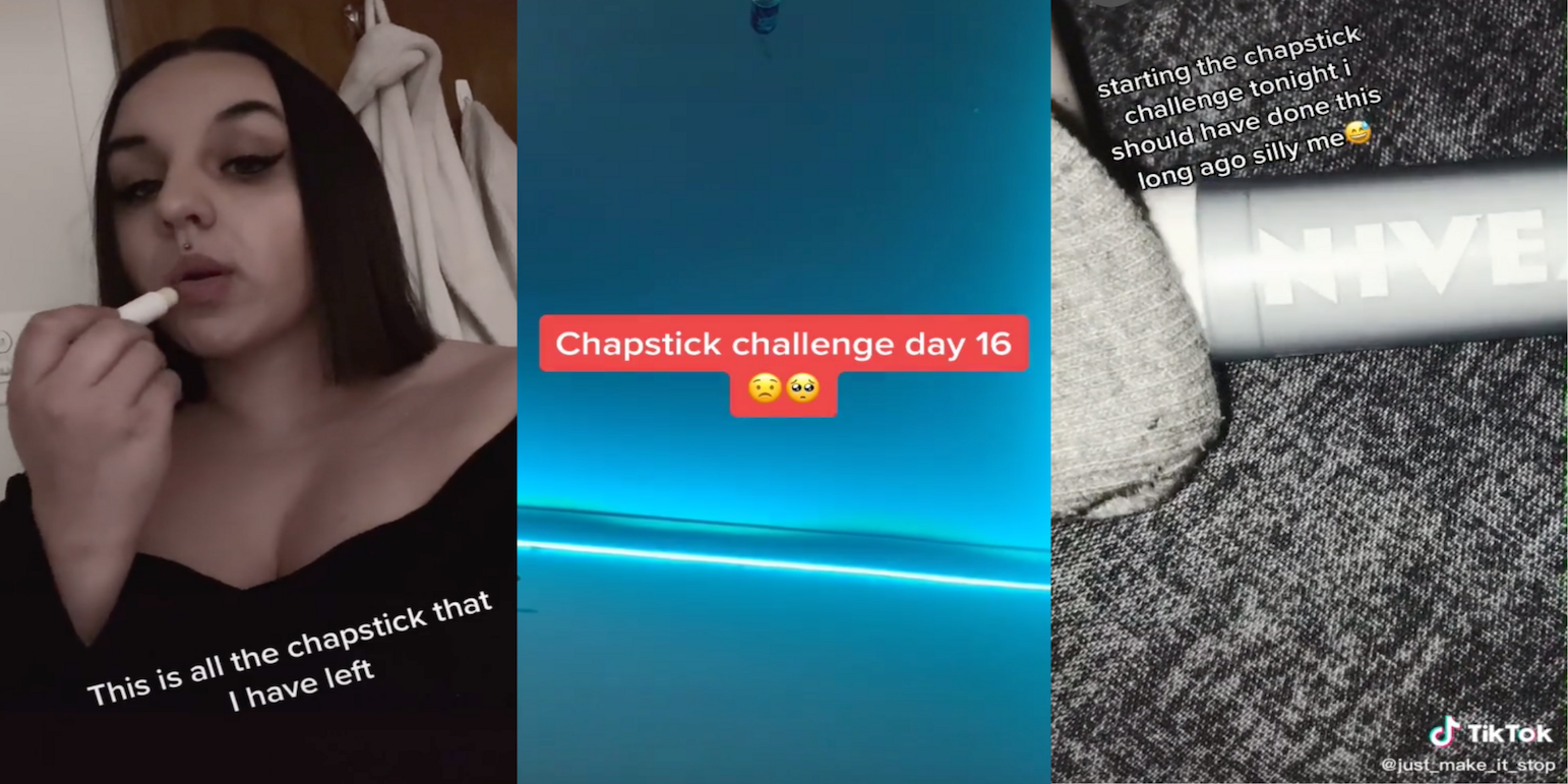 Screenshots of TikToks of people participating in the chapstick challenge