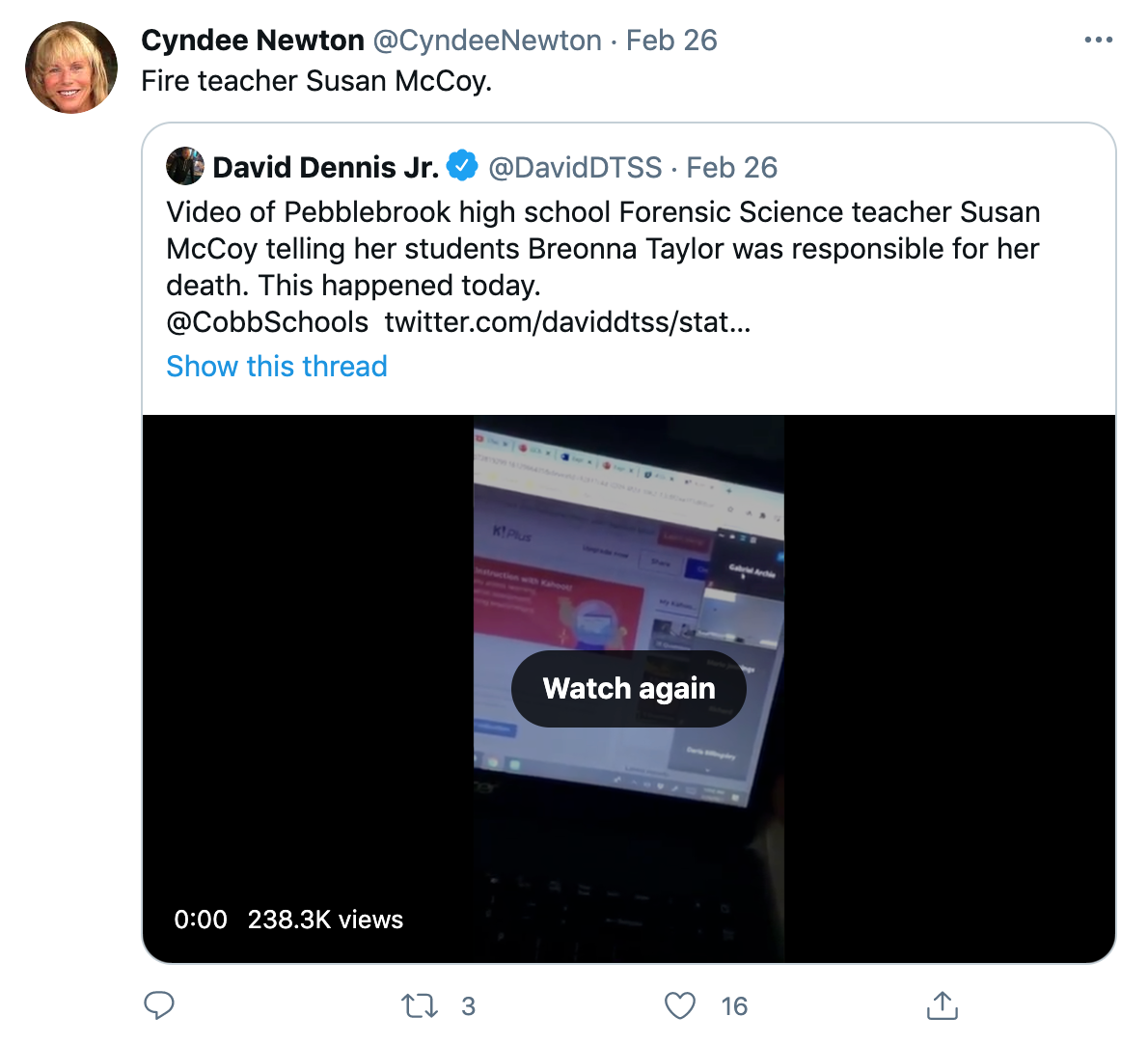 Fire teacher Susan McCoy. Embedded tweet featuring the video of the Zoom class