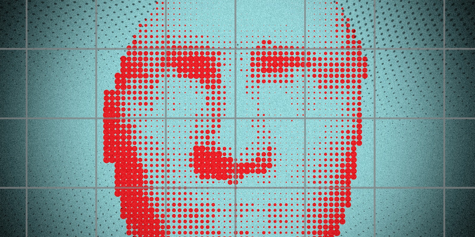An illustration of a pixelated face, possibly being scanned through facial recognition..