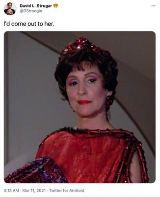 "I'd come out to her." Majel Barret, an older white woman with dark hair in a red sequinned dress