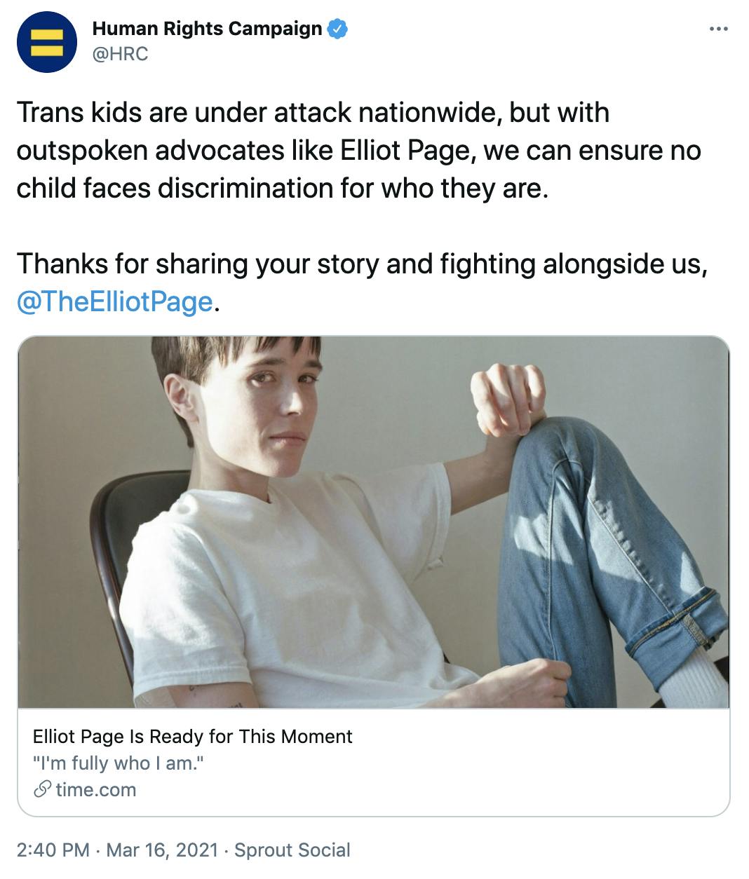 'Trans kids are under attack nationwide, but with outspoken advocates like Elliot Page, we can ensure no child faces discrimination for who they are. Thanks for sharing your story and fighting alongside us, @TheElliotPage .' Image of Elliot posed with one leg up, in a white shirt with blue jeans