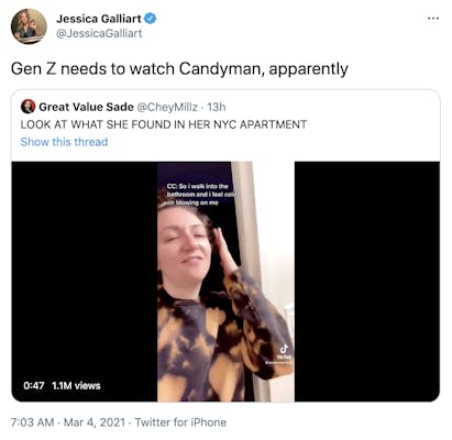 "Gen Z needs to watch Candyman, apparently" embedded tweet with the tiktok and caption "look what she found in her apartment"
