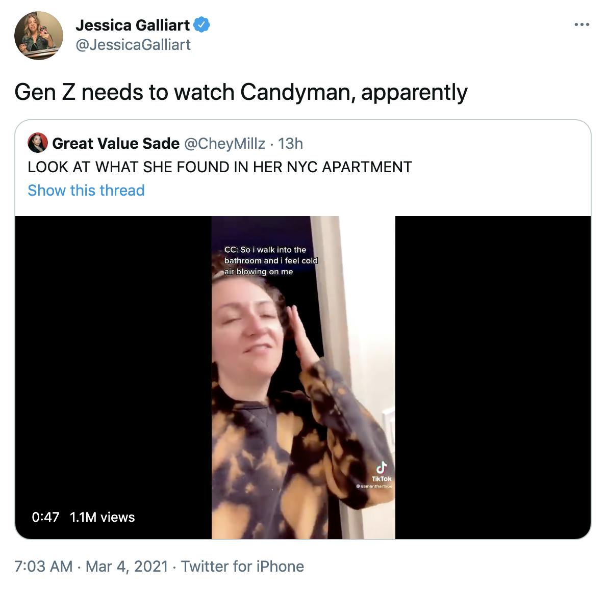 'Gen Z needs to watch Candyman, apparently' embedded tweet with the tiktok and caption 'look what she found in her apartment'