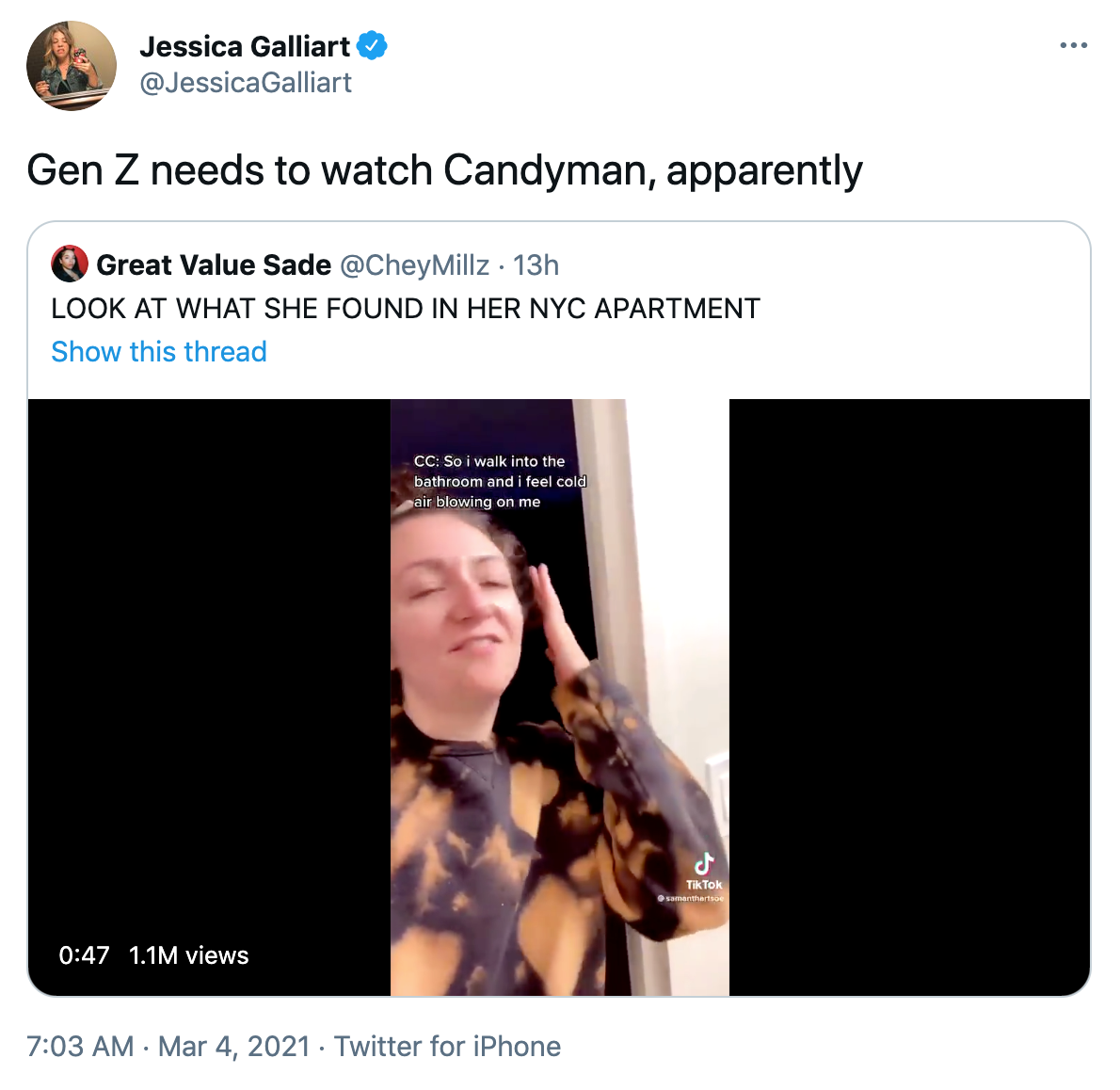 'Gen Z needs to watch Candyman, apparently' embedded tweet with the tiktok and caption 'look what she found in her apartment'