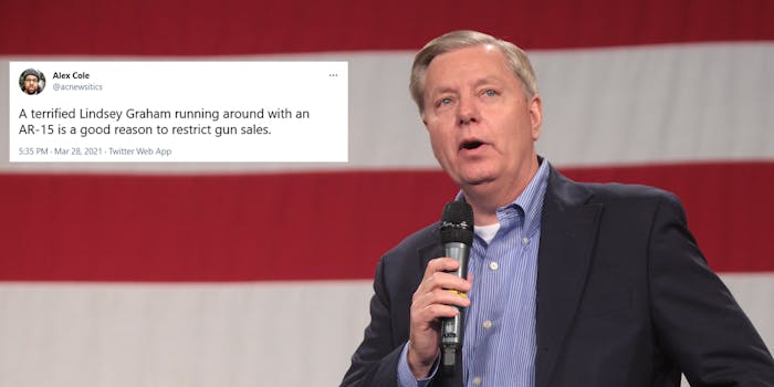 A photo of Lindsey Graham talking with a microphone next to a tweet criticizing him for his remarks about owning an AR-15.