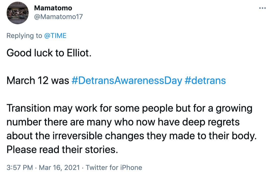 Good luck to Elliot. March 12 was #DetransAwarenessDay #detrans Transition may work for some people but for a growing number there are many who now have deep regrets about the irreversible changes they made to their body. Please read their stories.