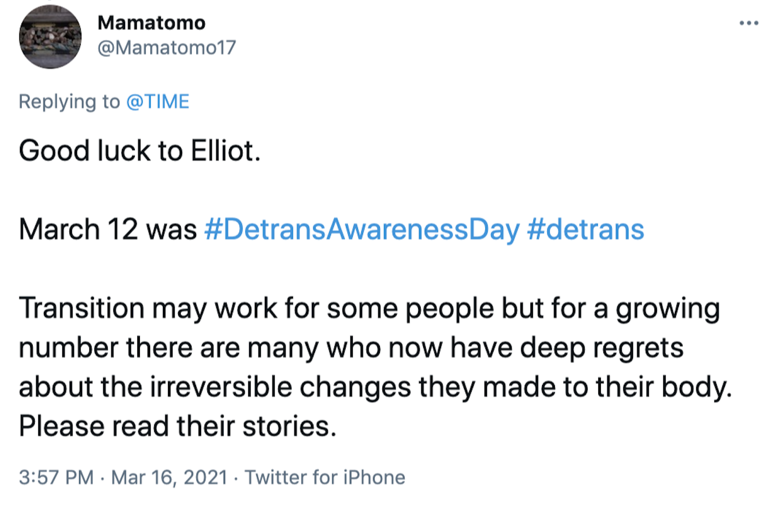 Good luck to Elliot.   March 12 was #DetransAwarenessDay #detrans   Transition may work for some people but for a growing number there are many who now have deep regrets about the irreversible changes they made to their body. Please read their stories.