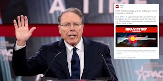 NRA CEO Wayne LaPierre next to a tweet the NRA sent out celebrating a Colorado judge blocking an assault weapons ban in Boulder, Colorado.