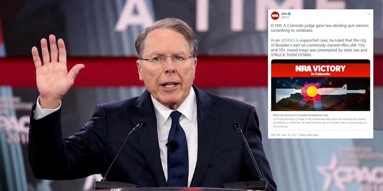 NRA CEO Wayne LaPierre next to a tweet the NRA sent out celebrating a Colorado judge blocking an assault weapons ban in Boulder, Colorado.