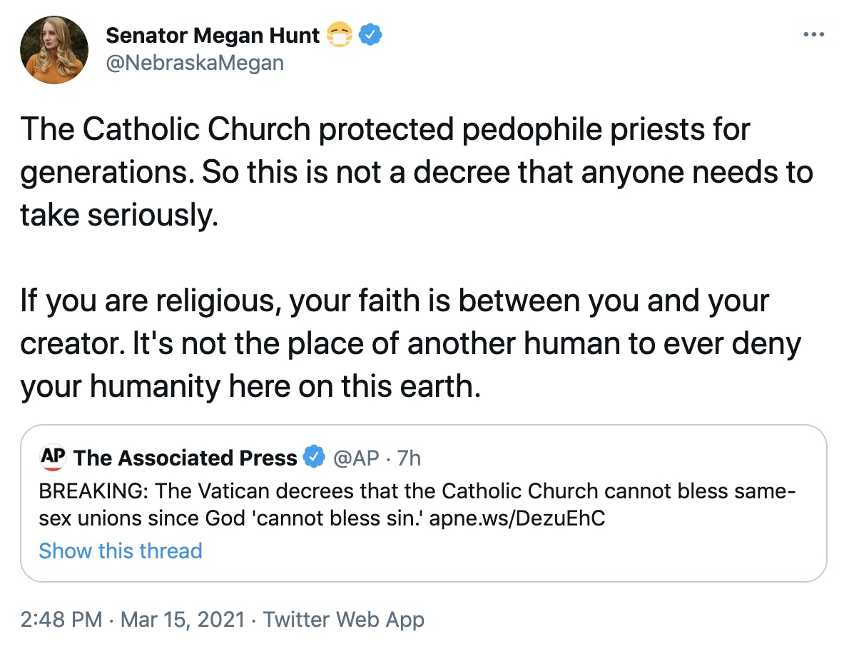 The Catholic Church protected pedophile priests for generations. So this is not a decree that anyone needs to take seriously. If you are religious, your faith is between you and your creator. It's not the place of another human to ever deny your humanity here on this earth.