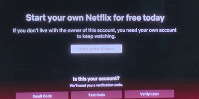 A popup message from Netflix trying to crackdown on password sharing.
