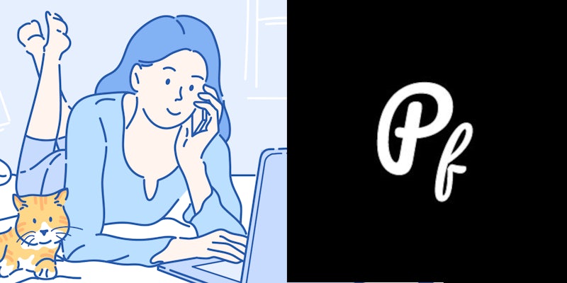 A woman happily stares at her laptop, juxtaposed with an image of Pillowfort's logo.