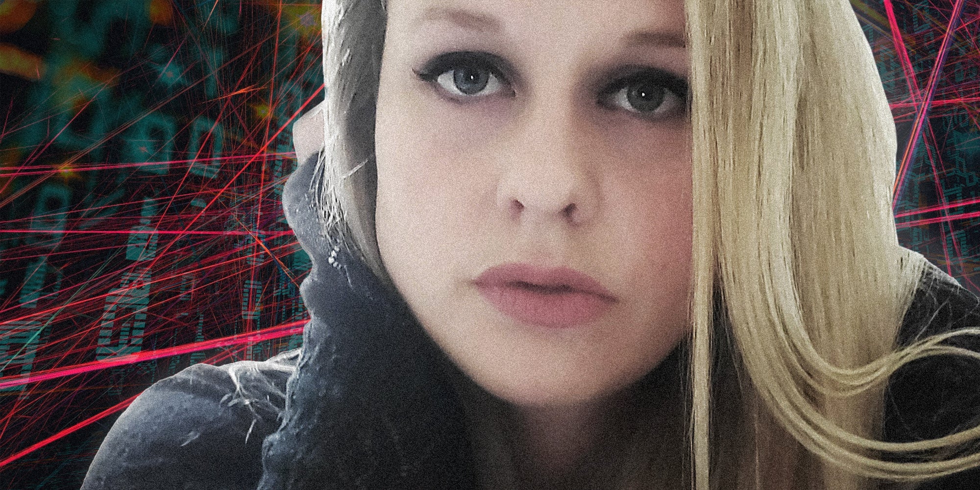 Scientist Rebekah Jones in front of digital background.