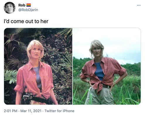 "I’d come out to her" two stills from Jurassic part, in both a blonde woman with a pink shirt tied over a blue undershirt. The first she stands in front of Jurassic plants and in the second in a field with her hands on her hips