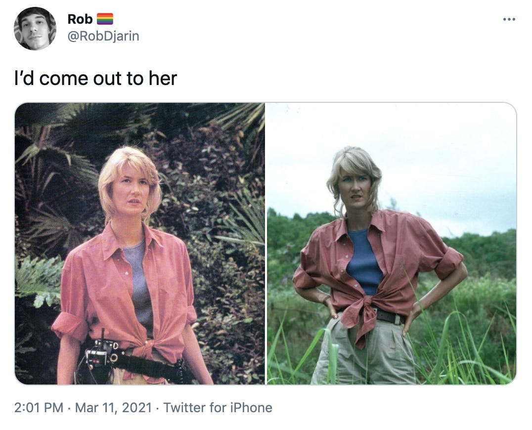 'I’d come out to her' two stills from Jurassic part, in both a blonde woman with a pink shirt tied over a blue undershirt. The first she stands in front of Jurassic plants and in the second in a field with her hands on her hips
