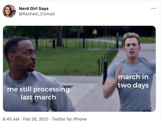 A scene showing Captain America running past Falcon in a March 2021 meme.
