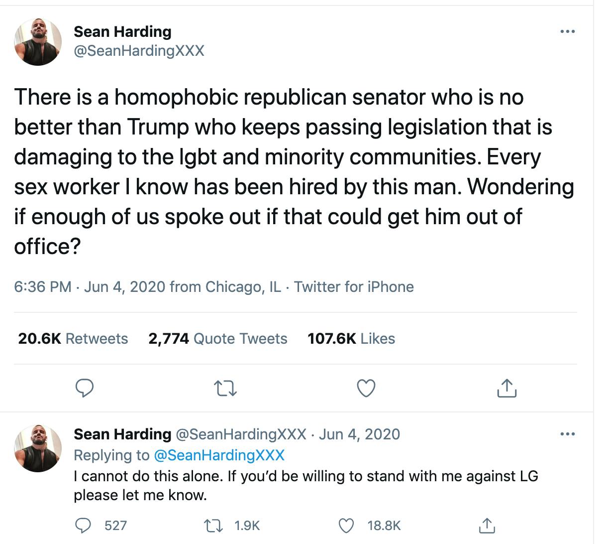 tweet of sean harding discussing lady g, lindsey graham hiring sex workers