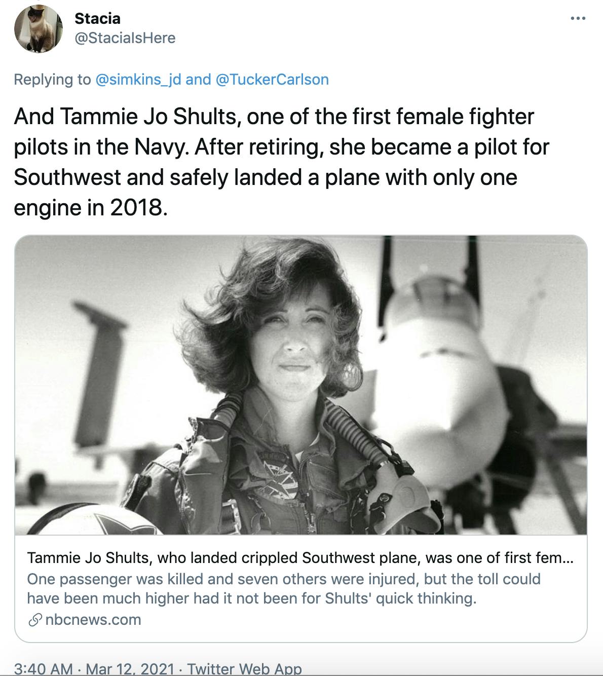 And Tammie Jo Shults, one of the first female fighter pilots in the Navy. After retiring, she became a pilot for Southwest and safely landed a plane with only one engine in 2018.