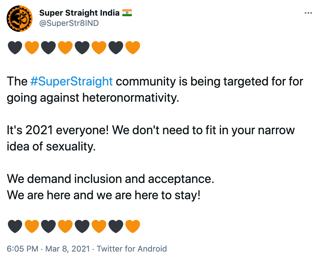 Black heartOrange heartBlack heartOrange heartBlack heartOrange heartBlack heartOrange heart The #SuperStraight community is being targeted for for going against heteronormativity. It's 2021 everyone! We don't need to fit in your narrow idea of sexuality. We demand inclusion and acceptance. We are here and we are here to stay! Black heartOrange heartBlack heartOrange heartBlack heartOrange heartBlack heartOrange heart