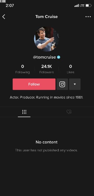 Tom Cruise's TikTok account showing his verified badge.