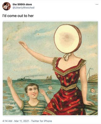 A Victorian postcard featuring a man and a woman in old fashioned bathing suits. The woman's is red and she has a tambourine for a head.