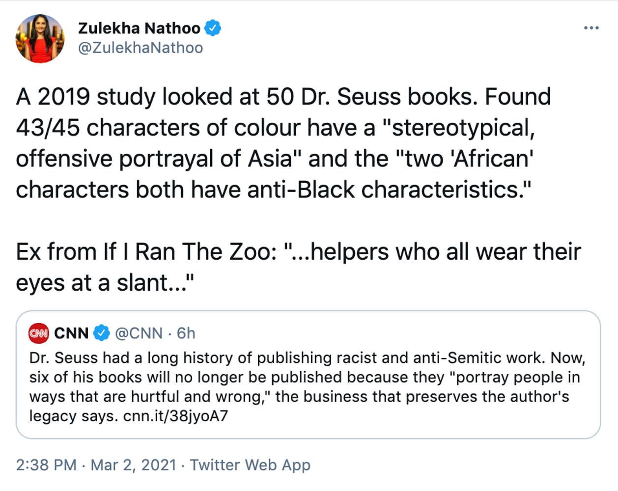 A 2019 study looked at 50 Dr. Seuss books. Found 43/45 characters of colour have a "stereotypical, offensive portrayal of Asia" and the "two 'African' characters both have anti-Black characteristics." Ex from If I Ran The Zoo: "...helpers who all wear their eyes at a slant..."