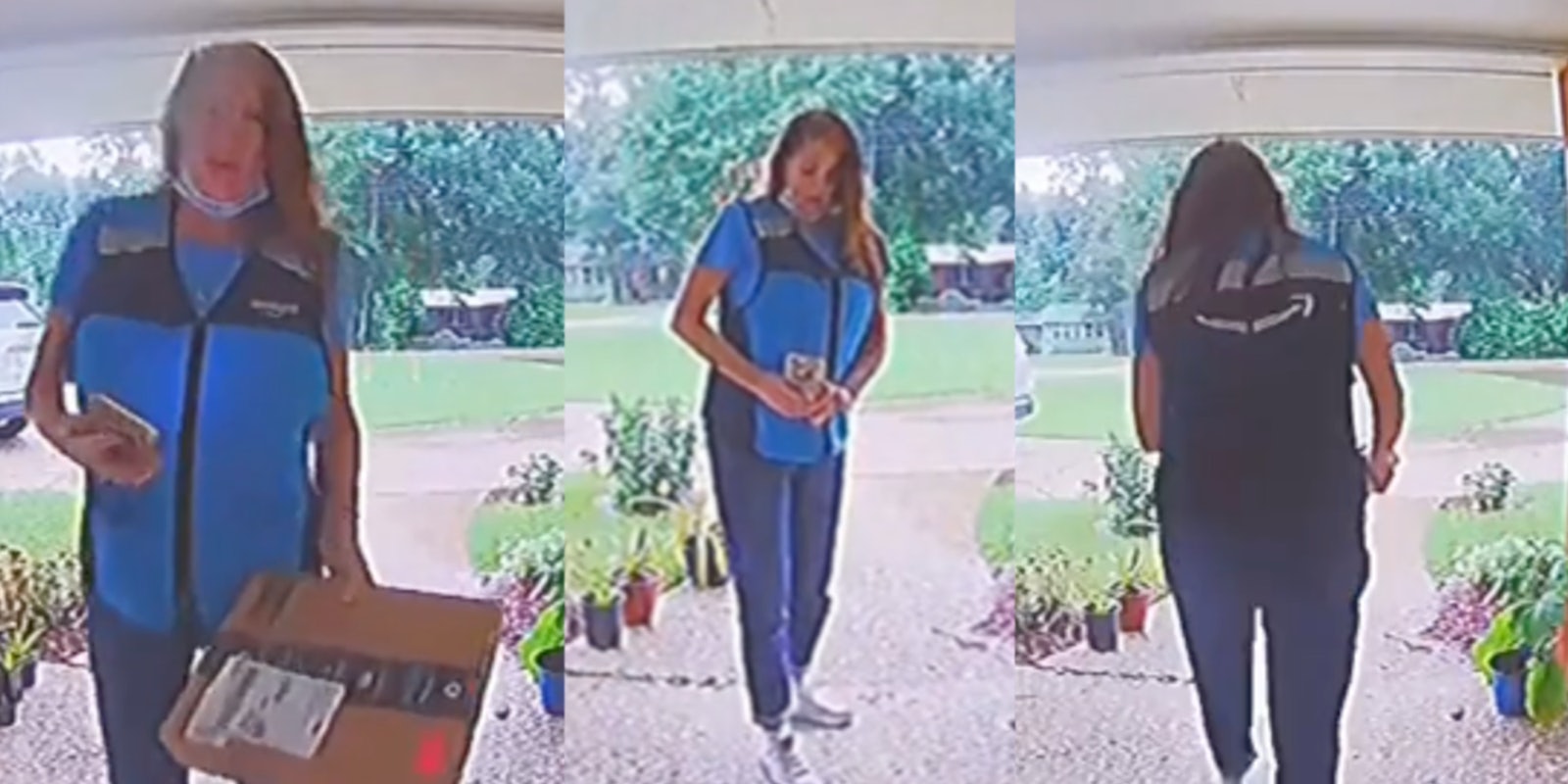amazon delivery driver with package in hand, amazon deliver driver taking photo of package, amazon delivery driver walking away from front porch with package in hand
