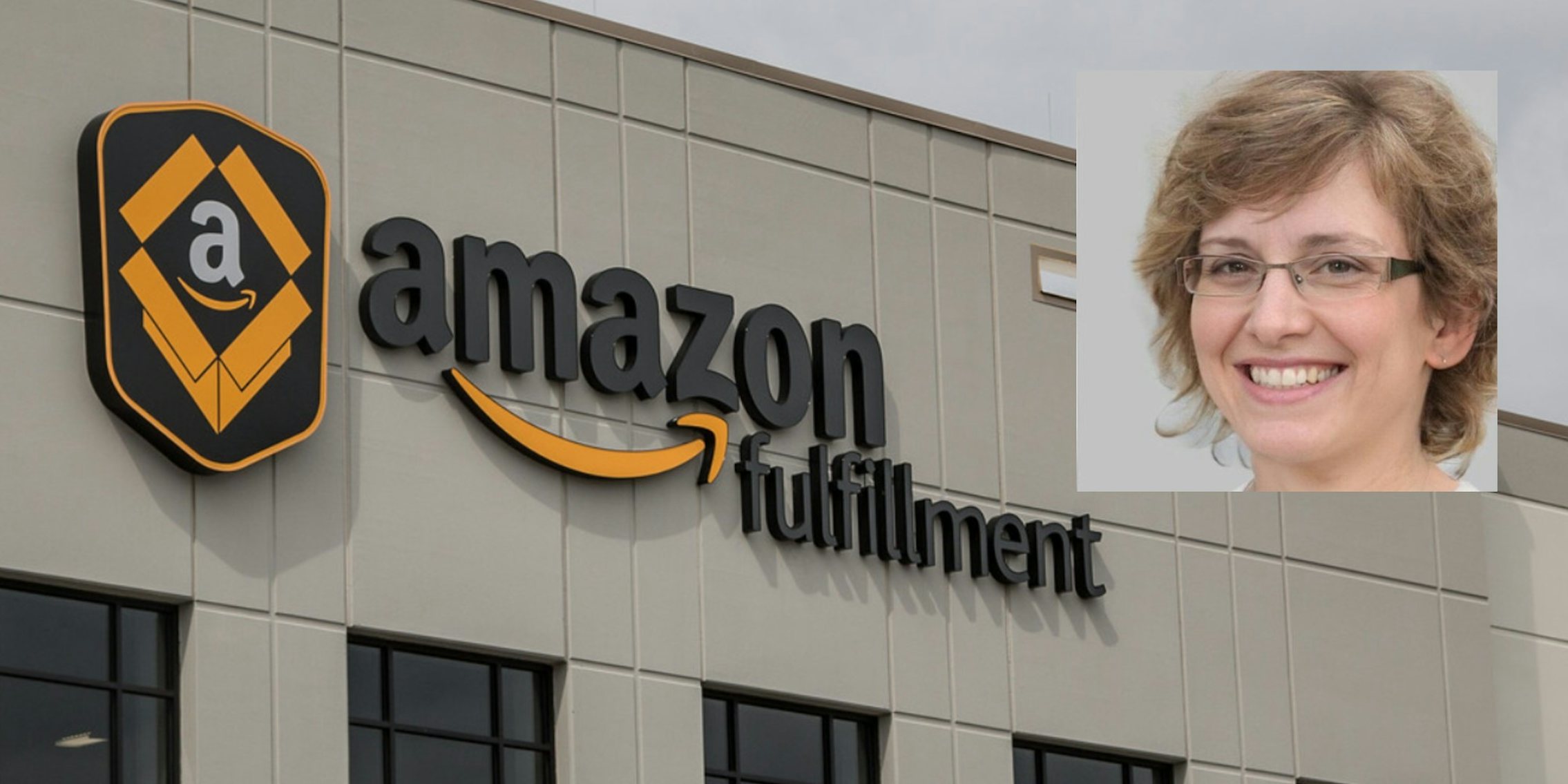 A potentially fake Amazon employee over a fulfillment center
