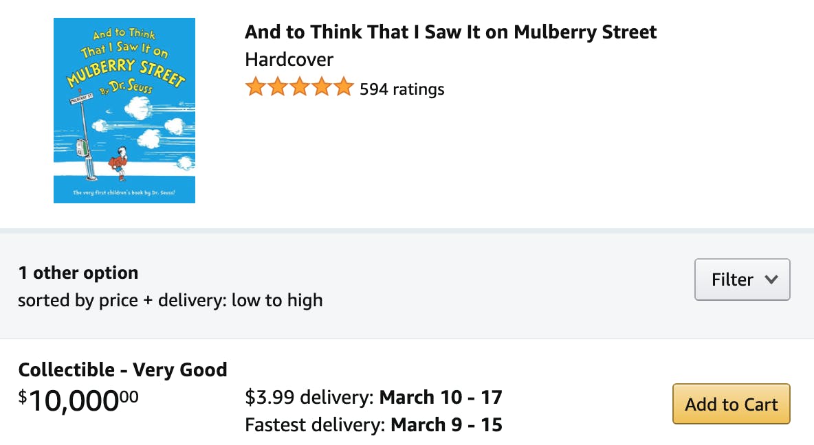 Screencap of an Amazon listing for And to Think That I Saw It on Mulberry Street for sale for $10,000