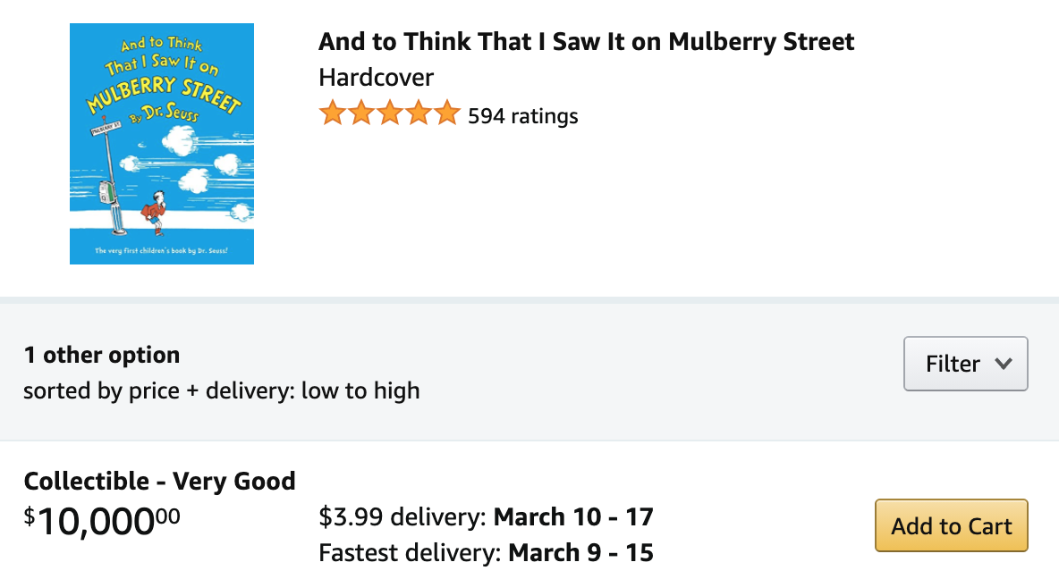 Screencap of an Amazon listing for And to Think That I Saw It on Mulberry Street for sale for $10,000