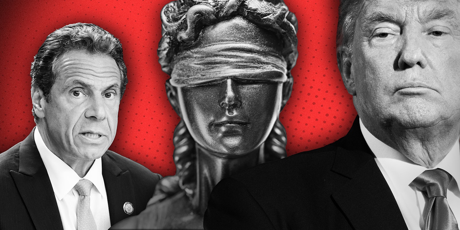 Illustration with Andrew Cuomo and Donald Trump with Lady Justice statue on a red background.