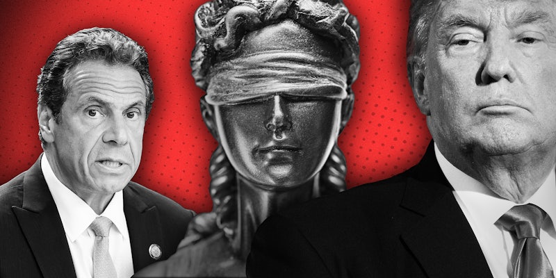 Illustration with Andrew Cuomo and Donald Trump with Lady Justice statue on a red background.