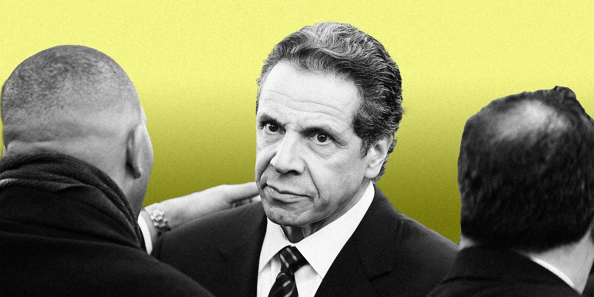New York governor Andrew Cuomo on a yellow background.