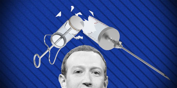 A syringe and Mark Zuckerberg's head on a blue background.